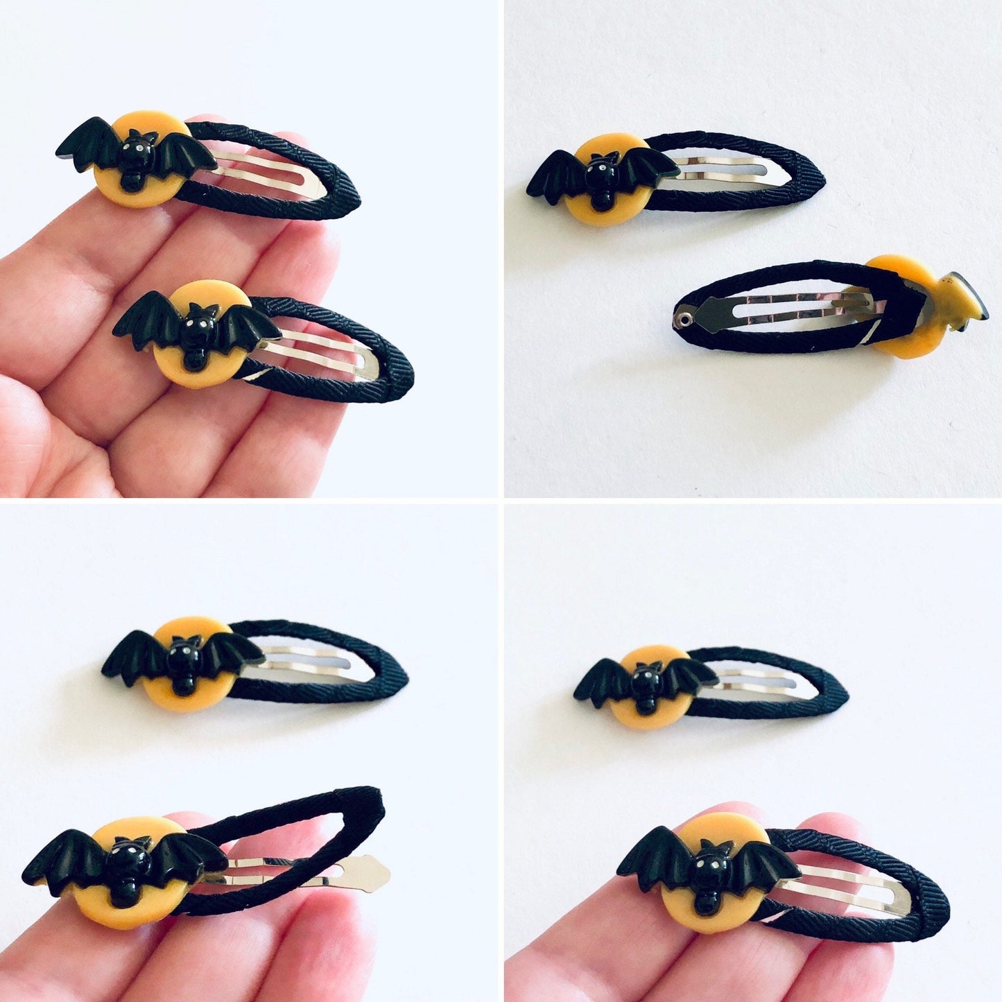 Yellow Moon Resin Bat Charm Hair Clips, Ribbon Wrapped Goth Halloween Hair Clips