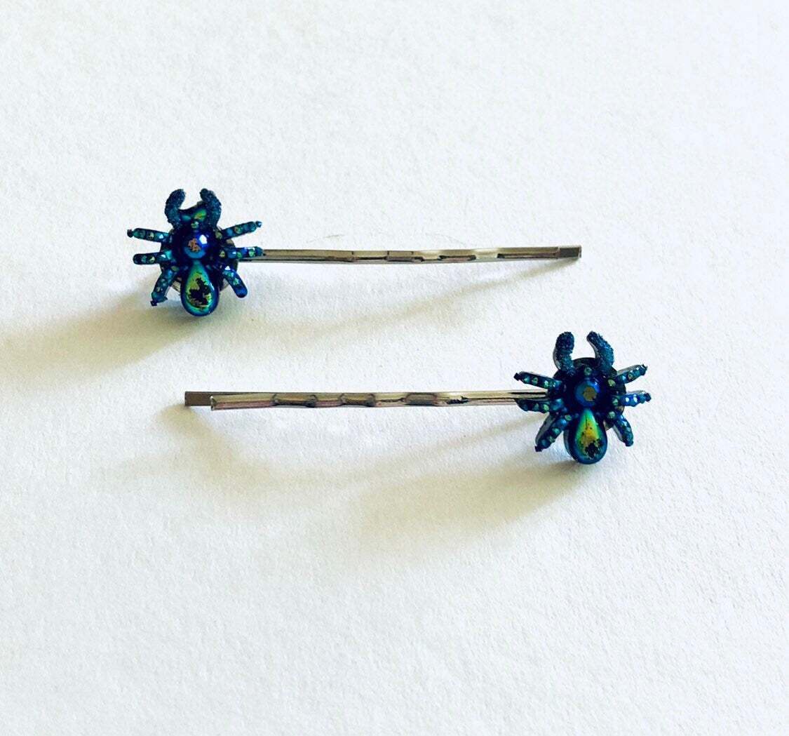 Spider Bobby Pins Hair Clips, Glitter Blue Spider Hair Clips, Hair accessories Goth Gothic