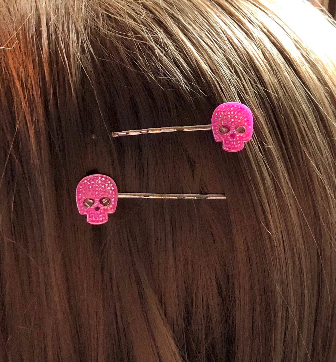 Pink Skulls Bobby Pins, Skeleton Skull Hair Clips Goth Gothic