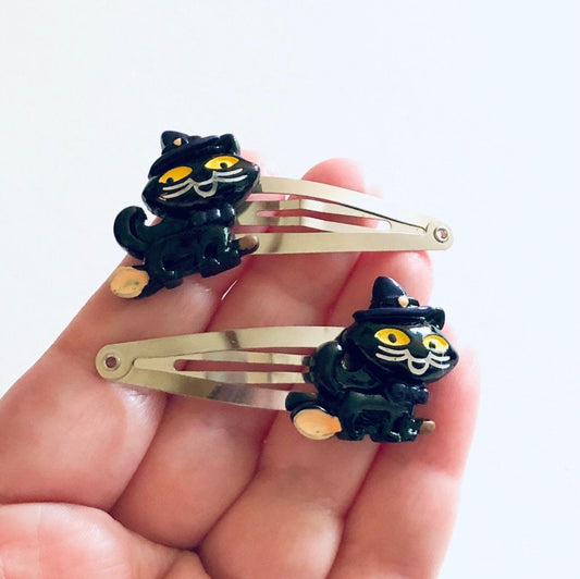 Witches Black Cat Hair Clips Snap Clips, On Broomstick with Witches Hat O, Halloween Hair Clips