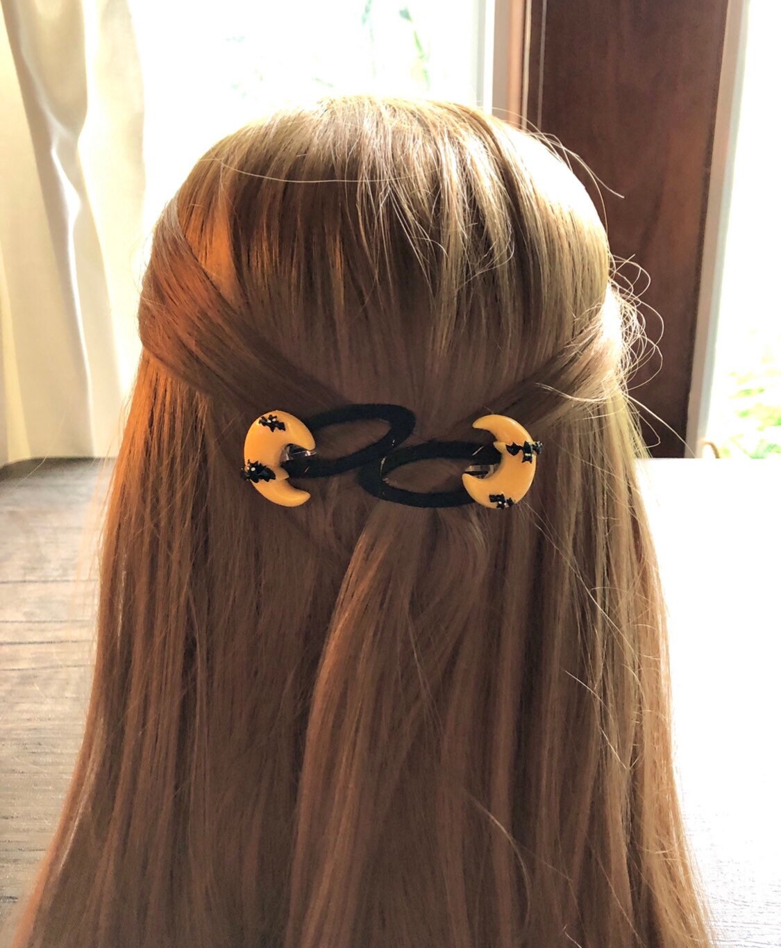 Yellow Crescent Moon with Bats Hair Clips, Bat Snap Clips Ribbon Wrapped