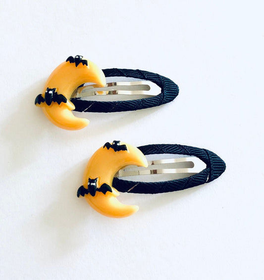 Yellow Crescent Moon with Bats Hair Clips, Bat Snap Clips Ribbon Wrapped