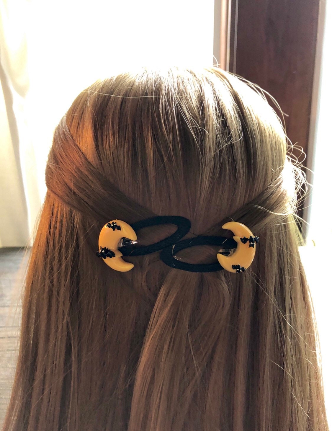 Yellow Crescent Moon with Bats Hair Clips, Bat Snap Clips Ribbon Wrapped