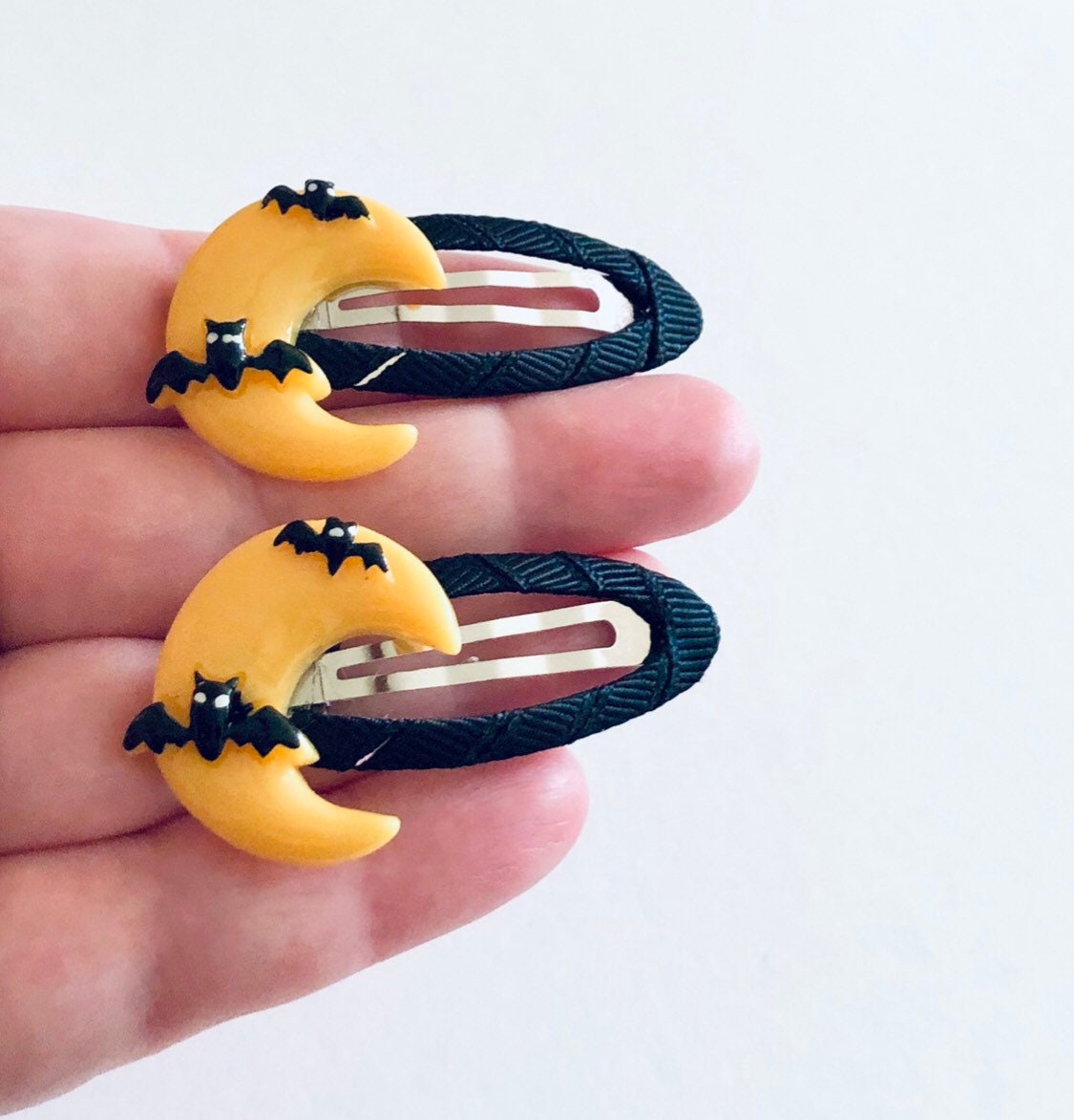 Yellow Crescent Moon with Bats Hair Clips, Bat Snap Clips Ribbon Wrapped