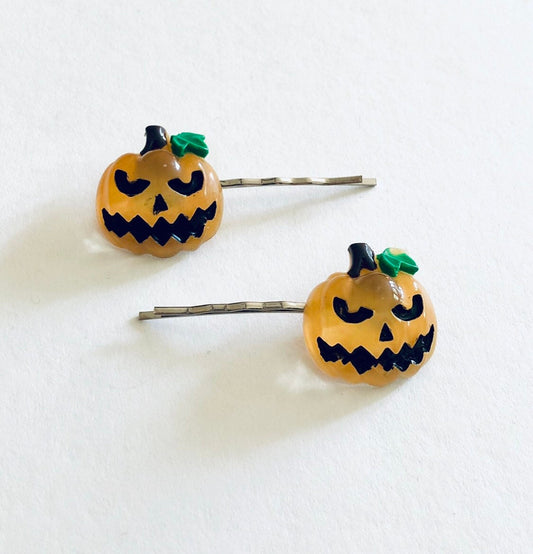 Pumpkin Bobby Pins, Silver & Orange Fall Hair Clips, Halloween Set of Two Bobby Pins Hair Accessories