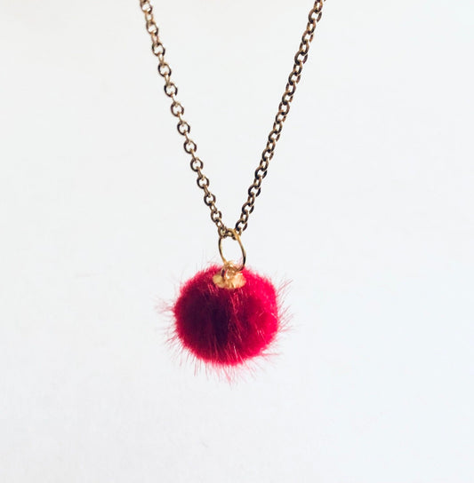 Red Fluffy Pom Pom Necklace, Christmas Party Gold Necklace, Fun Festive Holiday Season New Years Party