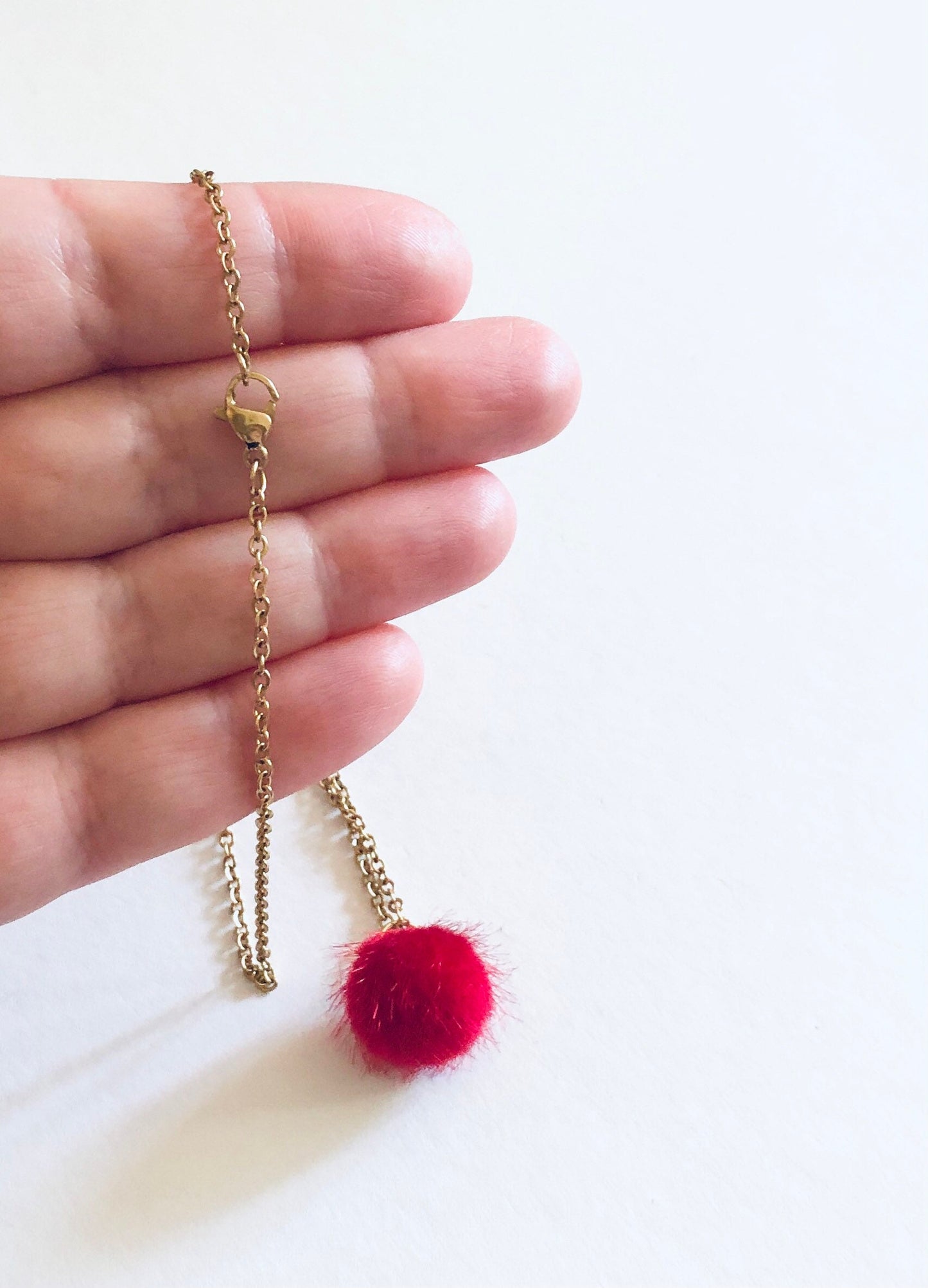 Red Fluffy Pom Pom Necklace, Christmas Party Gold Necklace, Fun Festive Holiday Season New Years Party