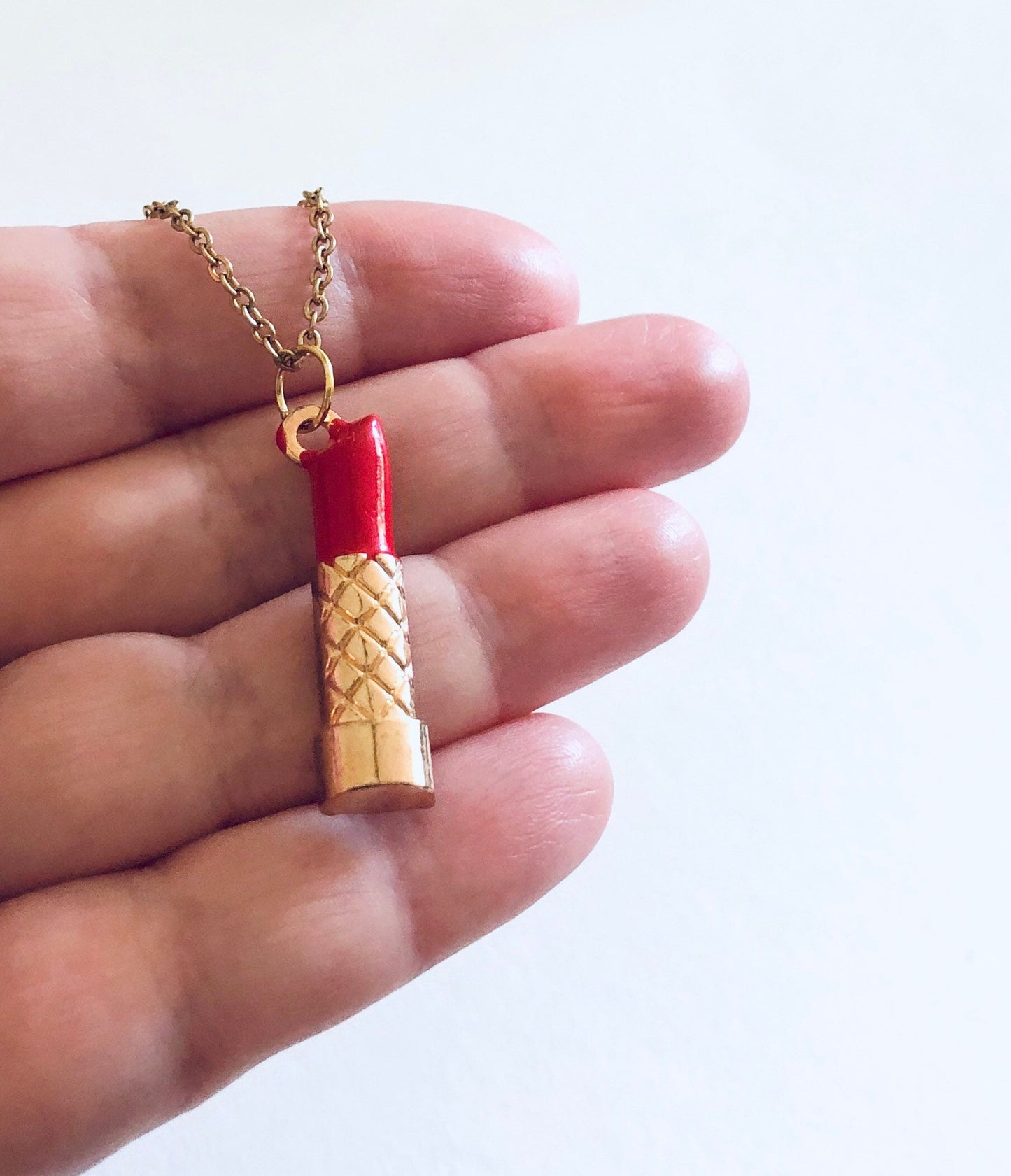 Lipstick Necklace, Red Lipstick Necklace, Make-up necklace, on Gold Plated Chain, Gifts for Her Under 15