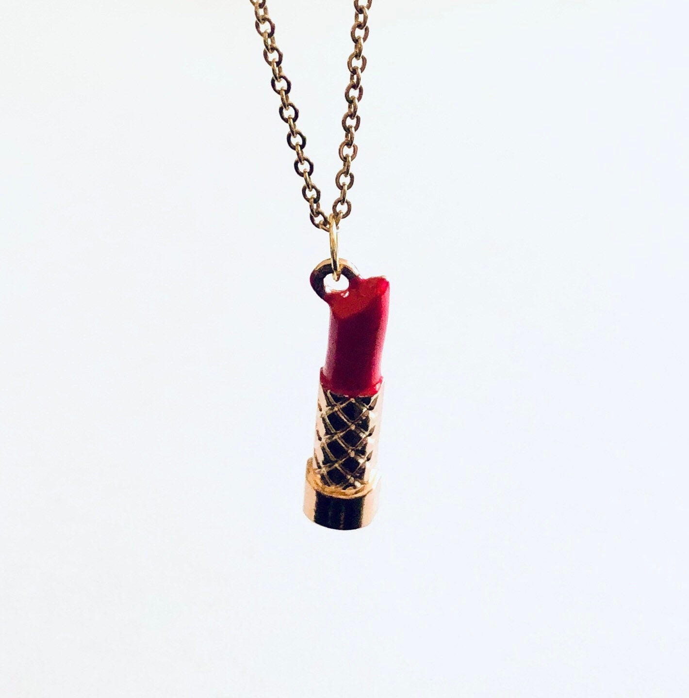 Lipstick Necklace, Red Lipstick Necklace, Make-up necklace, on Gold Plated Chain, Gifts for Her Under 15