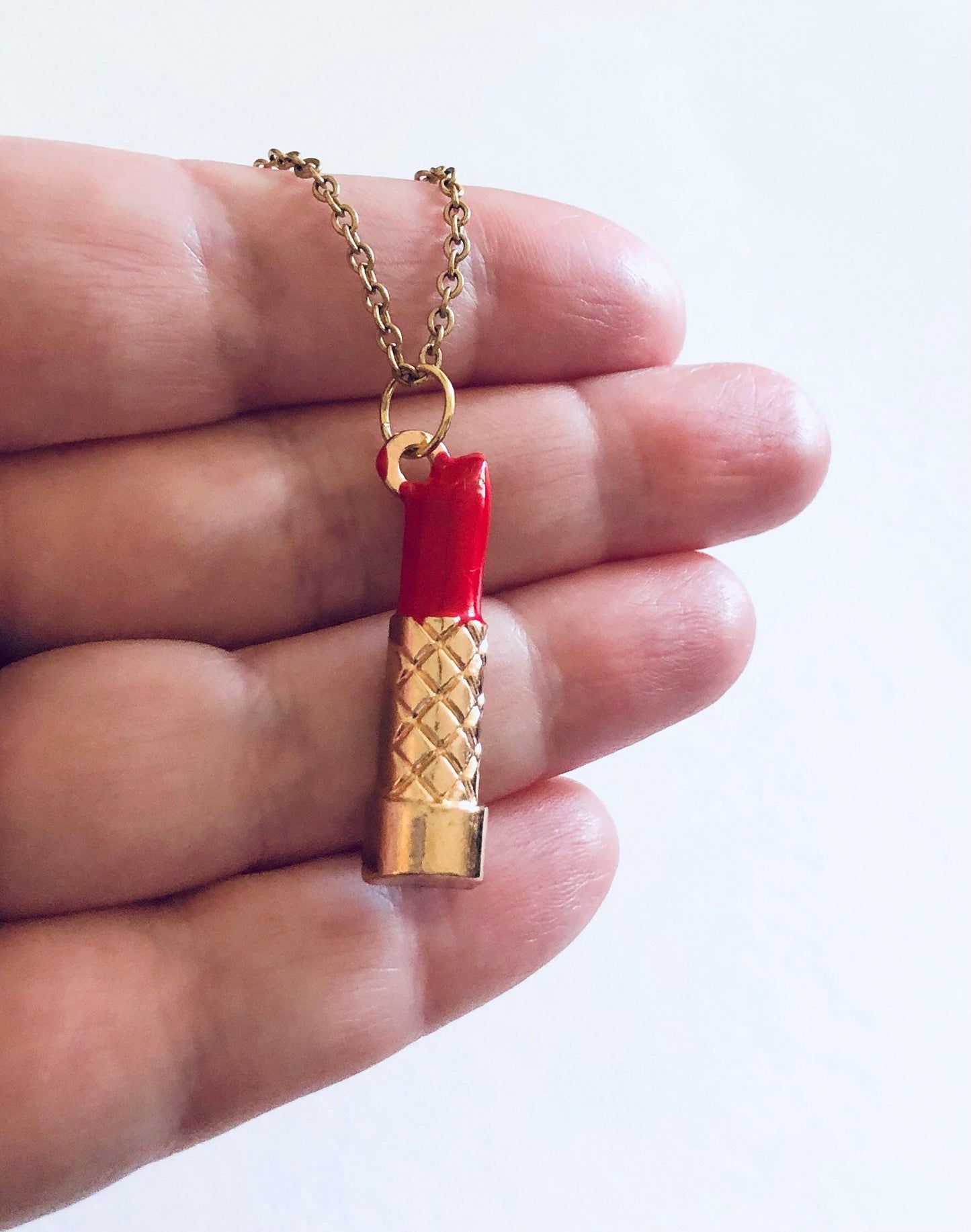 Lipstick Necklace, Red Lipstick Necklace, Make-up necklace, on Gold Plated Chain, Gifts for Her Under 15