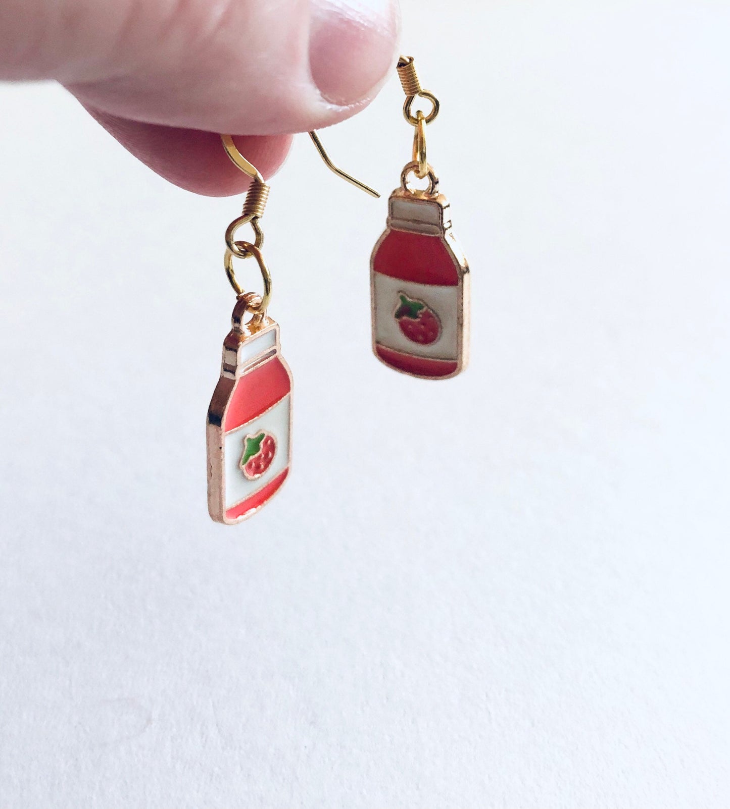 Strawberry Milk Bottle Earrings, Gold Plated Ear Hooks, Cute Kawaii Egirl