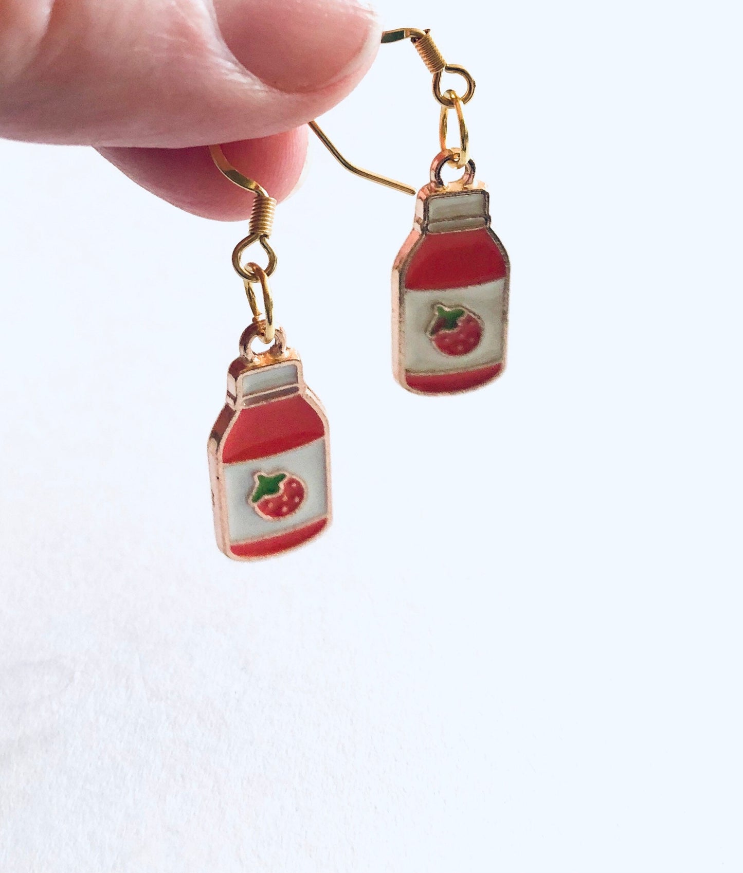 Strawberry Milk Bottle Earrings, Gold Plated Ear Hooks, Cute Kawaii Egirl