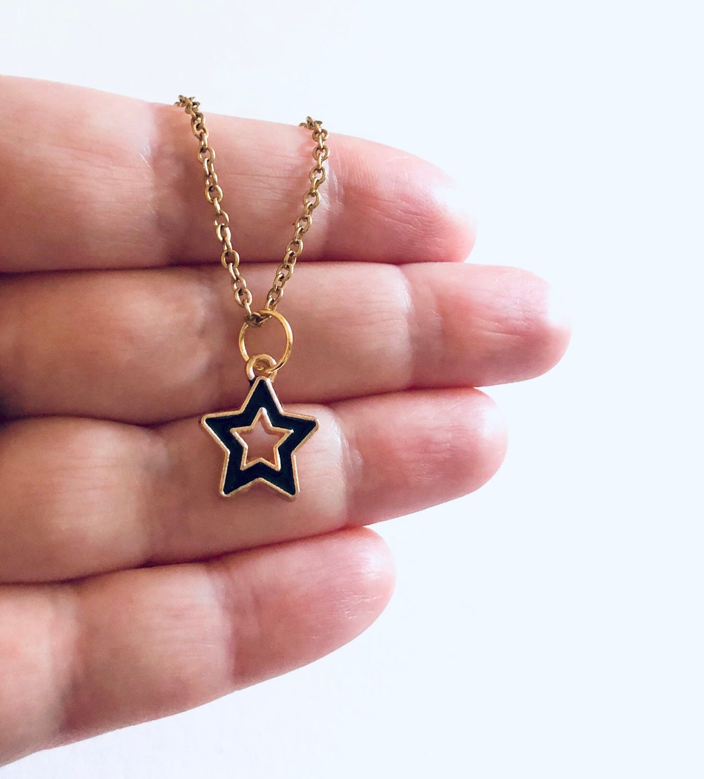 Star Necklace, Black & Gold Star Necklace, Gold Plated Dainty Chain, Celestial Boho Hippie