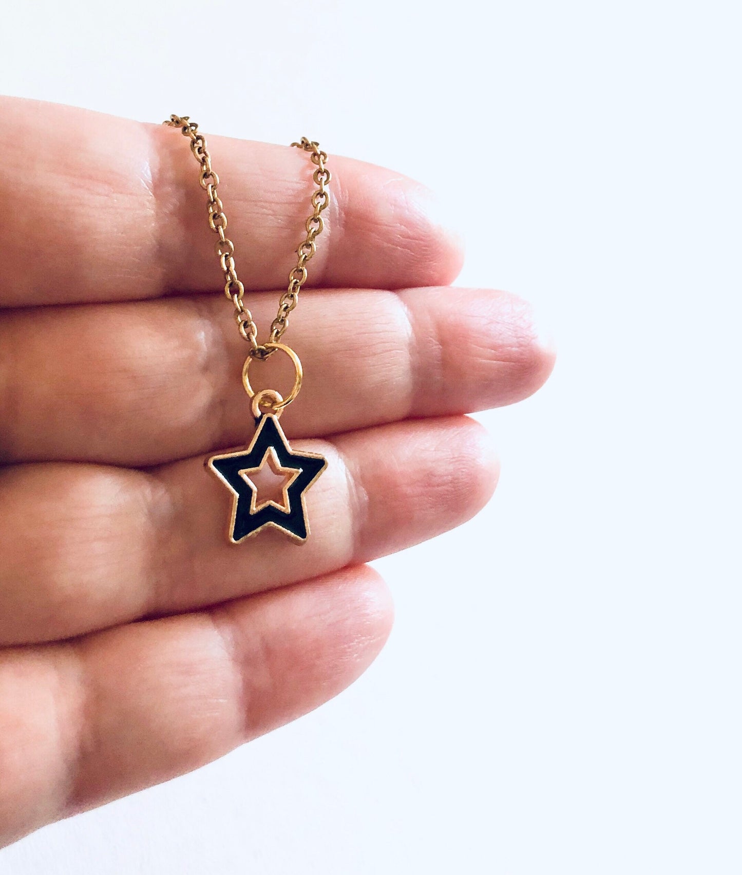 Star Necklace, Black & Gold Star Necklace, Gold Plated Dainty Chain, Celestial Boho Hippie