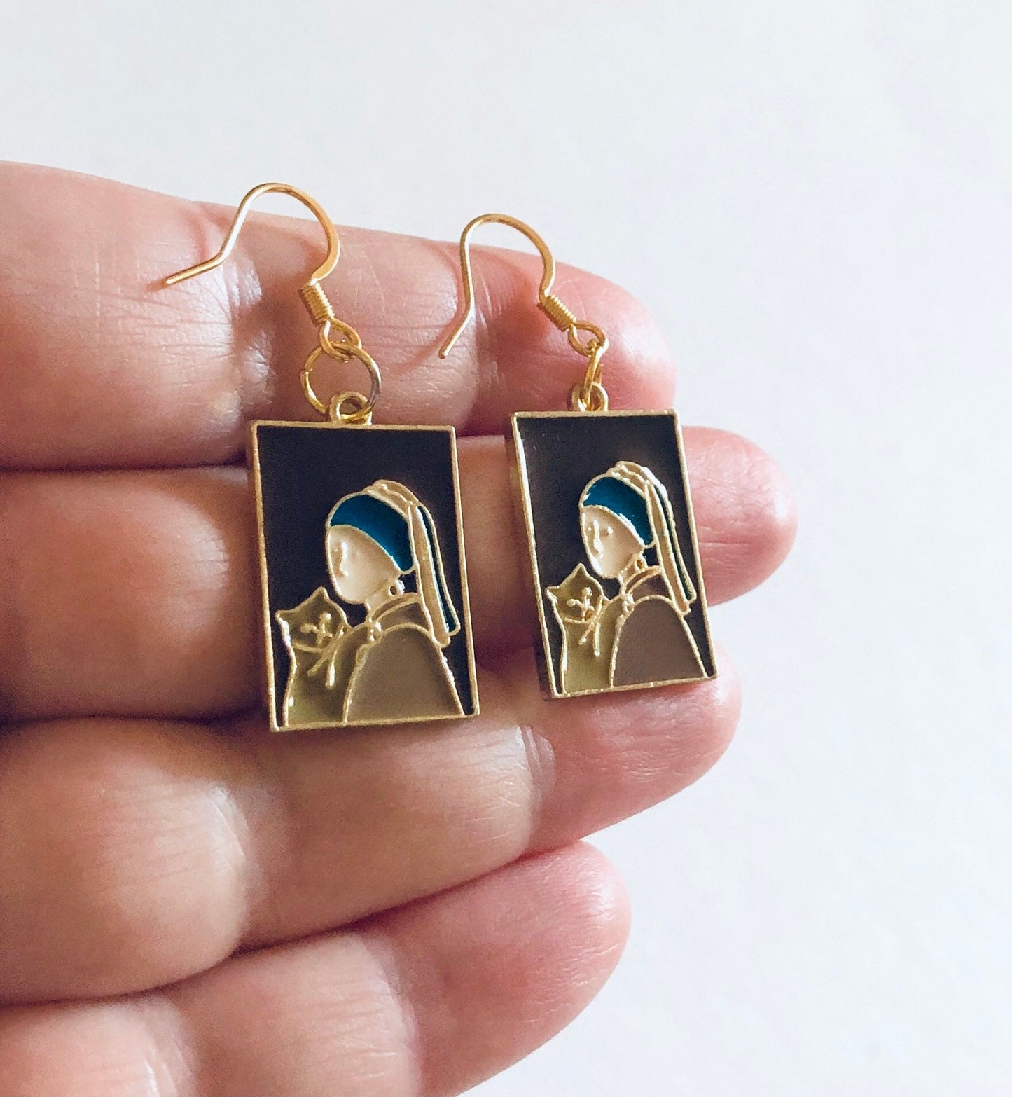 Girl with a Pearl Earring & Cat Earrings, Funny Vintage Art Earrings, Drop Dangle Retro Girl with Pearl Earrings