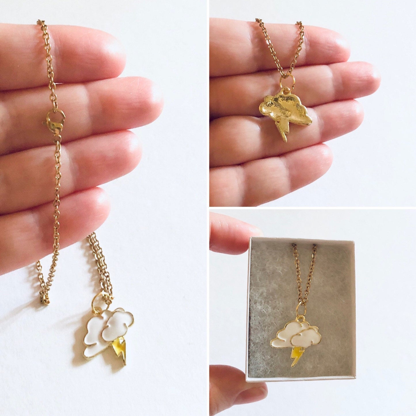 Thunder & Rain Cloud Necklace, Lightning Bolt Necklace, Gold Plated Chain, Lolita Kawaii Cute