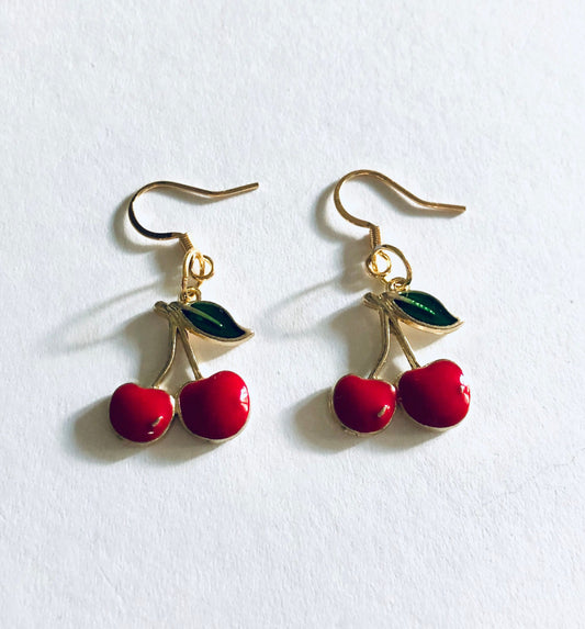 Red Cherry Earrings, Cherries Earrings Drop Dangle Fruit Vegan Vegetarian