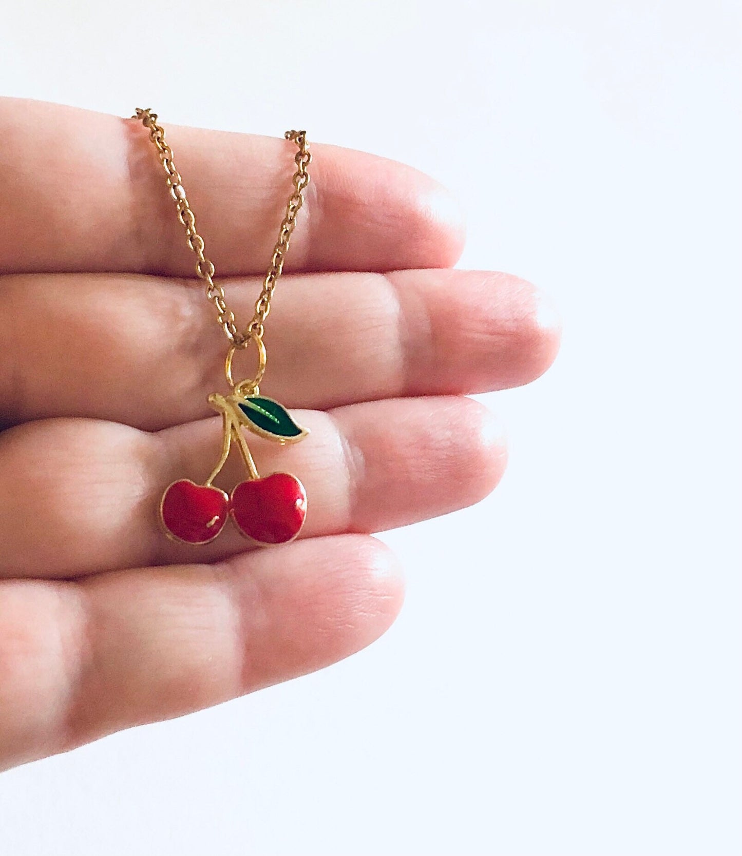 Red Cherries Necklace, Gold Cherry Necklace, Fruit Charm, Gold Plated Chain, Kawaii Feminine, Gift for Her