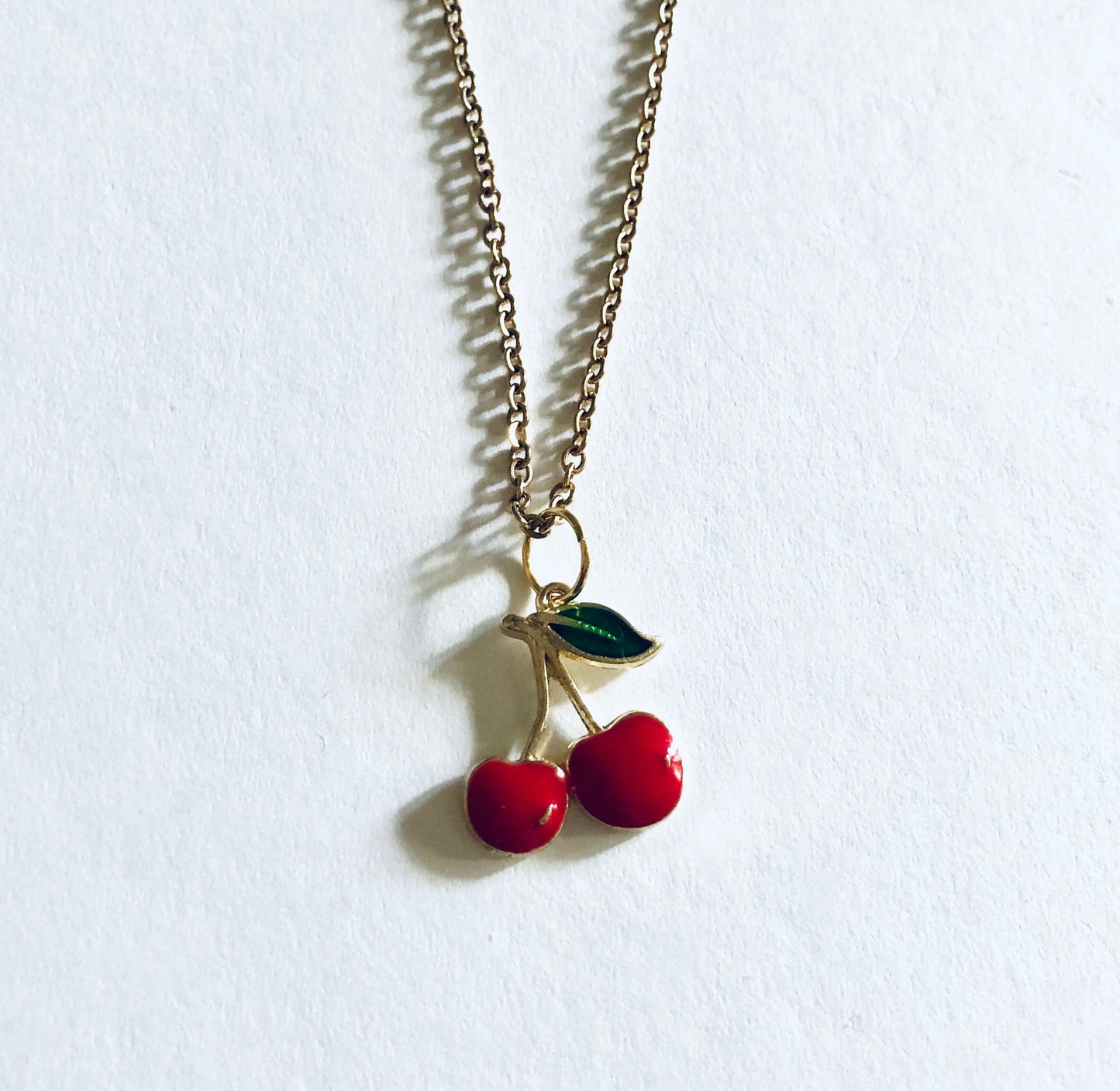 Red Cherries Necklace, Gold Cherry Necklace, Fruit Charm, Gold Plated Chain, Kawaii Feminine, Gift for Her