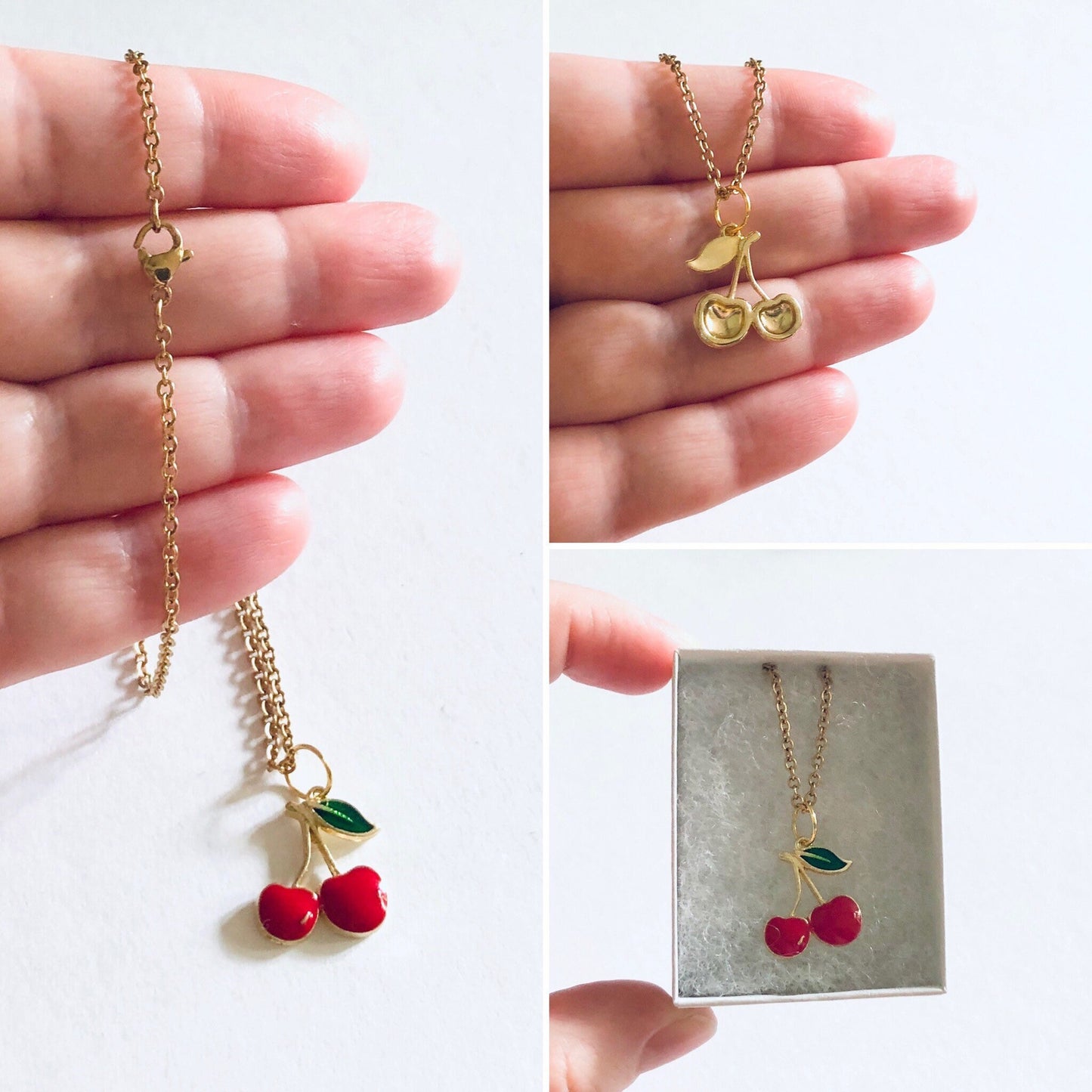 Red Cherries Necklace, Gold Cherry Necklace, Fruit Charm, Gold Plated Chain, Kawaii Feminine, Gift for Her