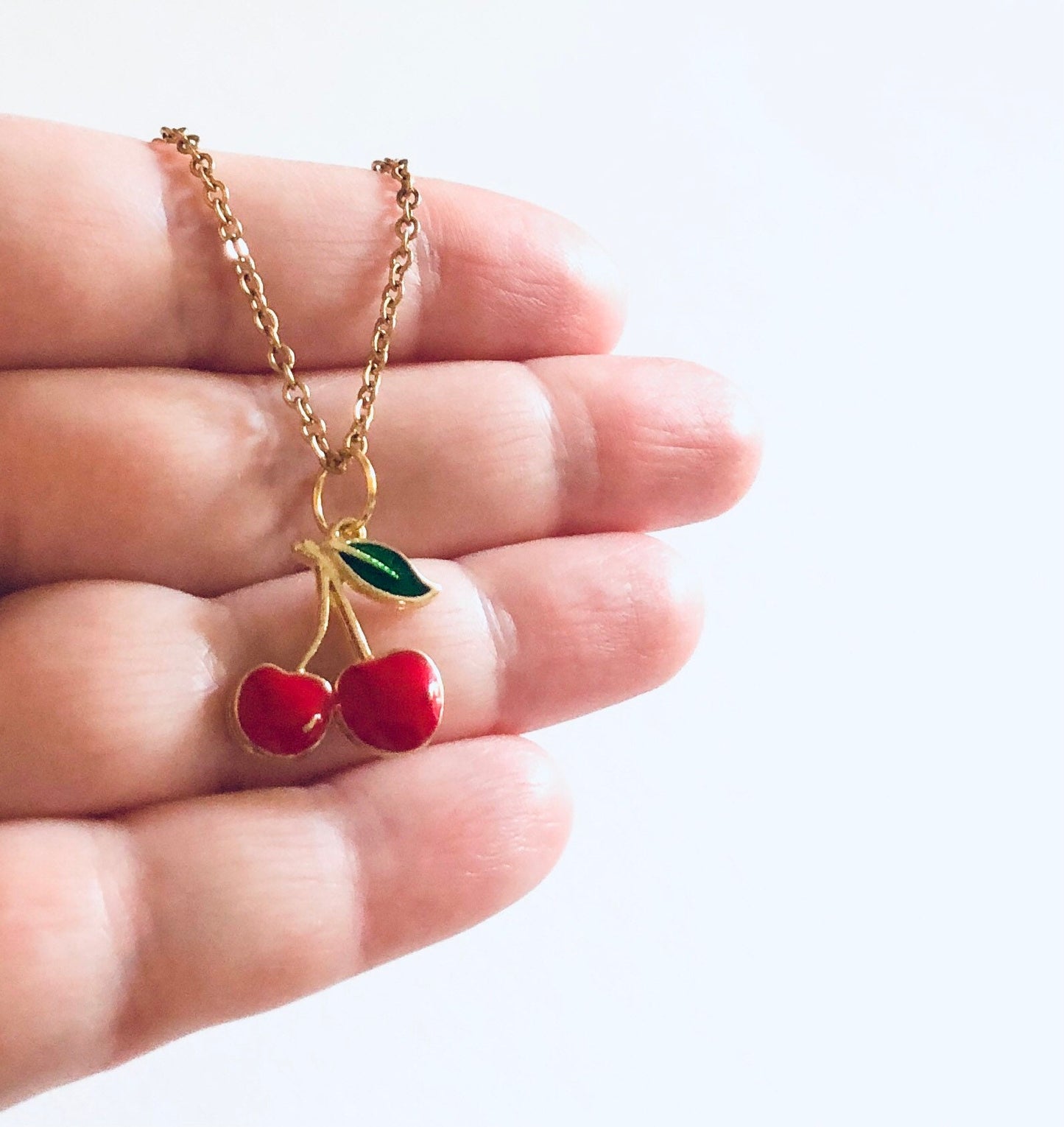 Red Cherries Necklace, Gold Cherry Necklace, Fruit Charm, Gold Plated Chain, Kawaii Feminine, Gift for Her