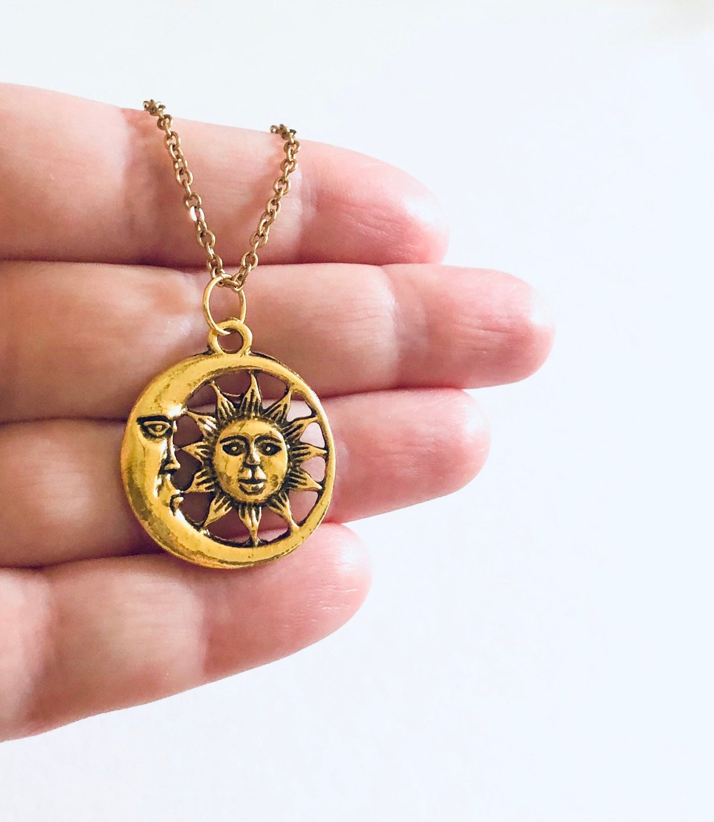 Moon & Sun Necklace, Gold Celestial Crescent Moon & Sun Necklace, Gold Plated Chain, Hippie Boho