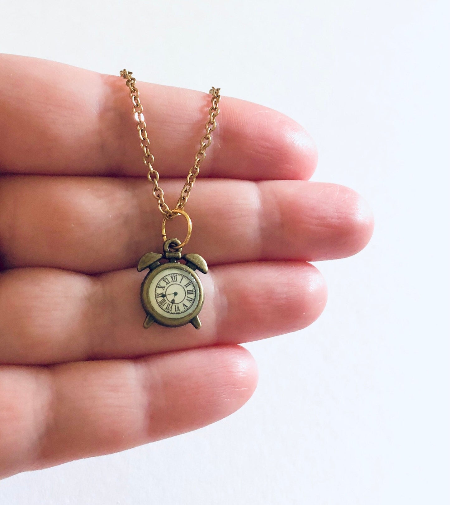 A Wonderland Clock Necklace, Golden Bronze Retro Wonderland Clock Necklace, Gold Plated Chain, Magical Fairytale