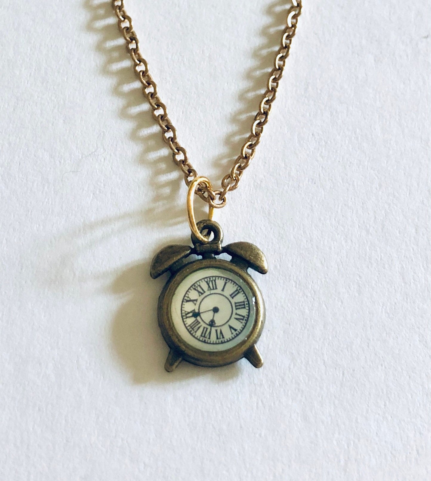 Alice in Wonderland Clock Necklace, Golden Bronze Retro Gold Clock Necklace, Gold Plated Chain, Magical Fairytale