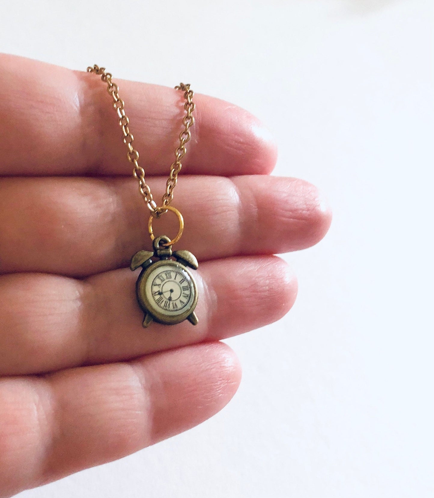 Alice in Wonderland Clock Necklace, Golden Bronze Retro Gold Clock Necklace, Gold Plated Chain, Magical Fairytale