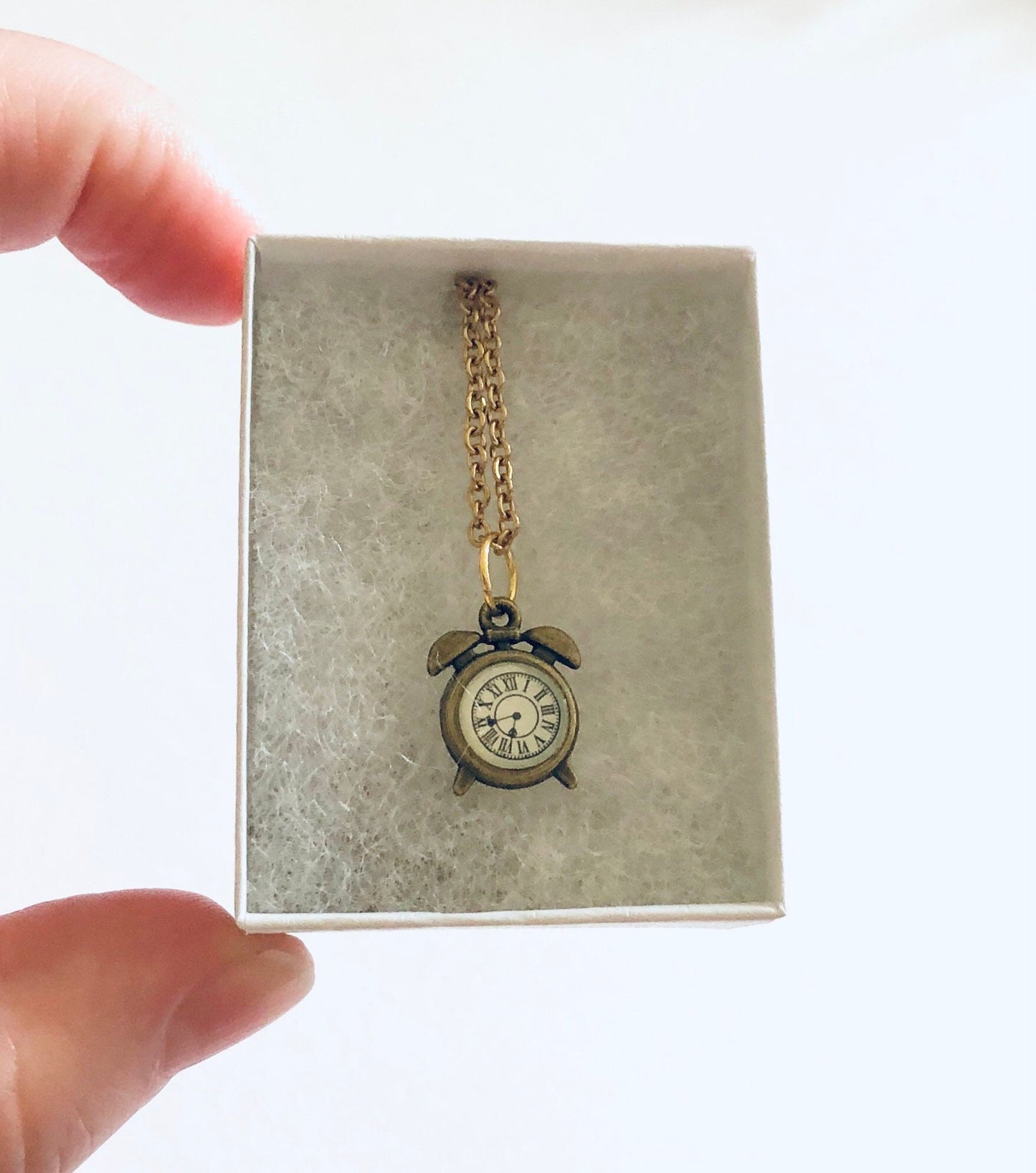 Alice in Wonderland Clock Necklace, Golden Bronze Retro Gold Clock Necklace, Gold Plated Chain, Magical Fairytale