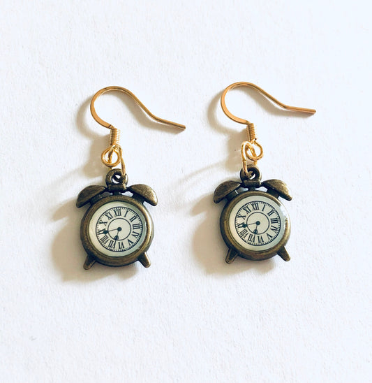 Golden Bronze Clock Earrings Wonderland, Gold Plated Ear Hooks, Retro Fairytale