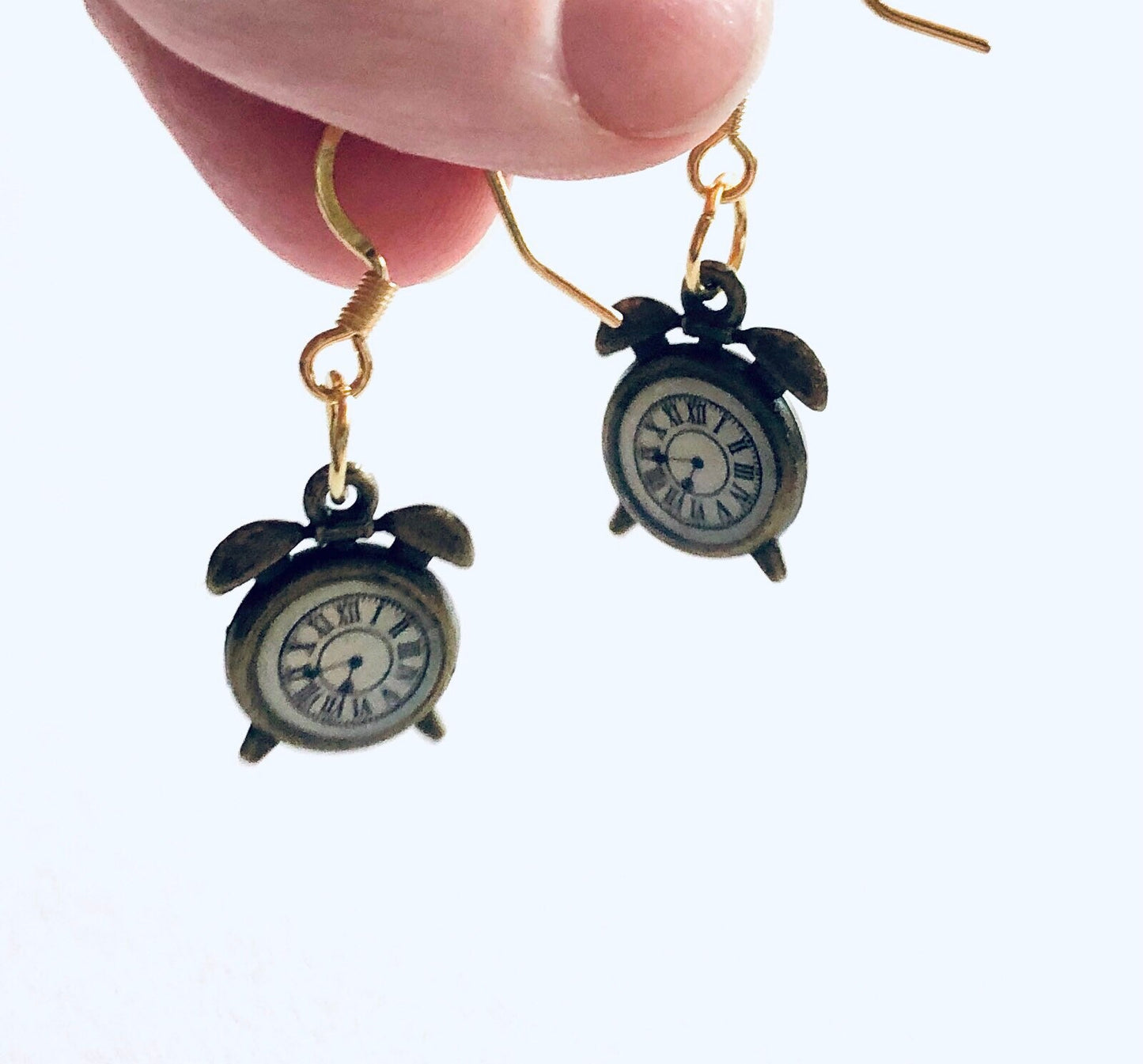 Golden Bronze Clock Earrings Wonderland, Gold Plated Ear Hooks, Retro Fairytale