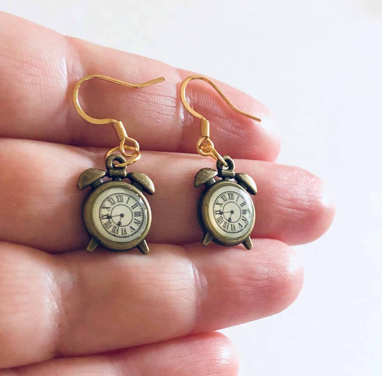 Golden Bronze Clock Earrings Wonderland, Gold Plated Ear Hooks, Retro Fairytale