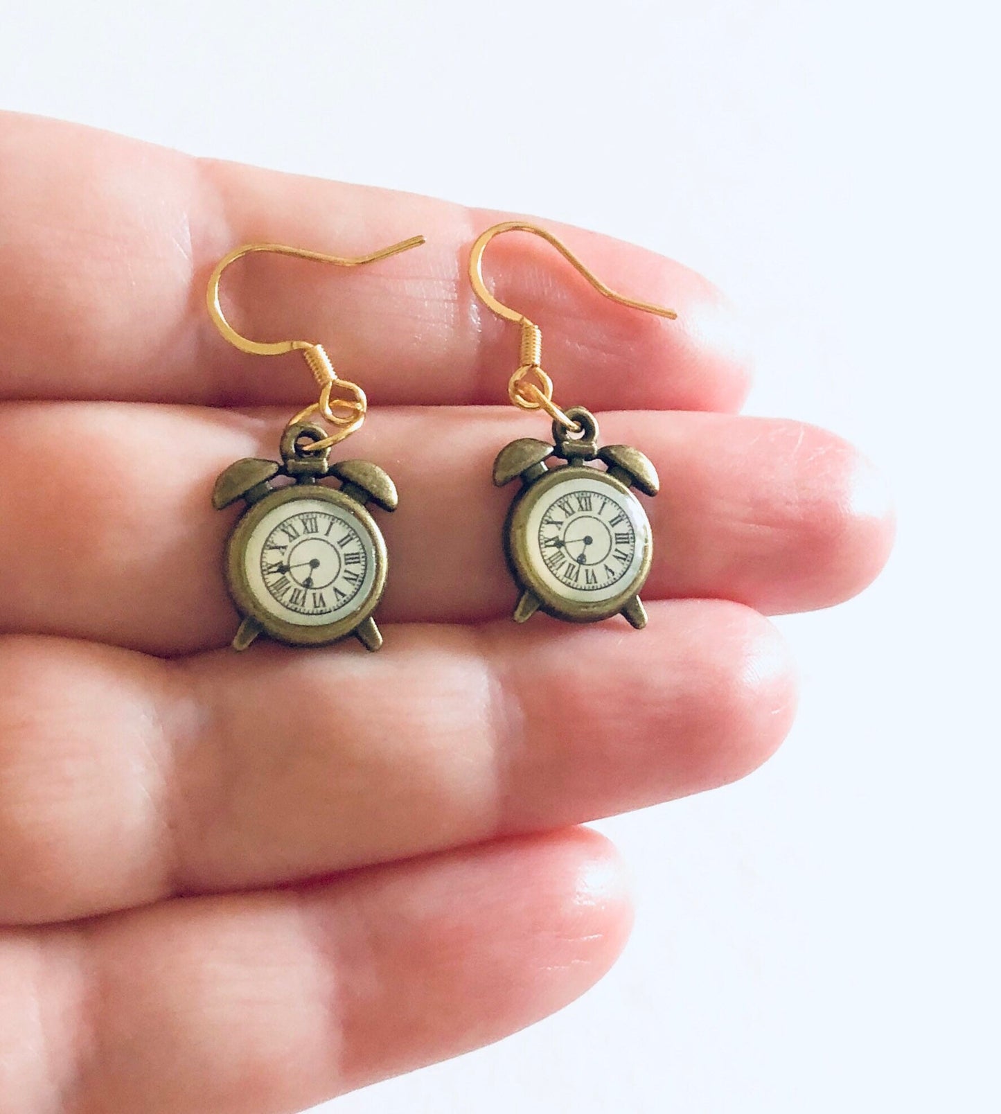 Golden Bronze Clock Earrings Wonderland, Gold Plated Ear Hooks, Retro Fairytale