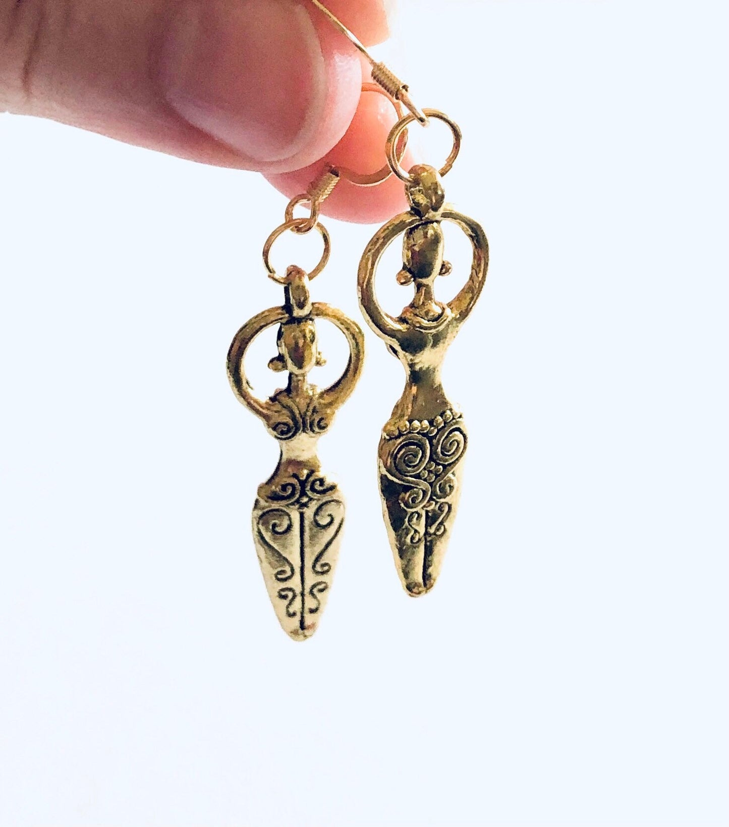 Goddess Earrings Gold, Golden Female Queen Fertility Goddess Jewelry, Witchy Woman Wicca