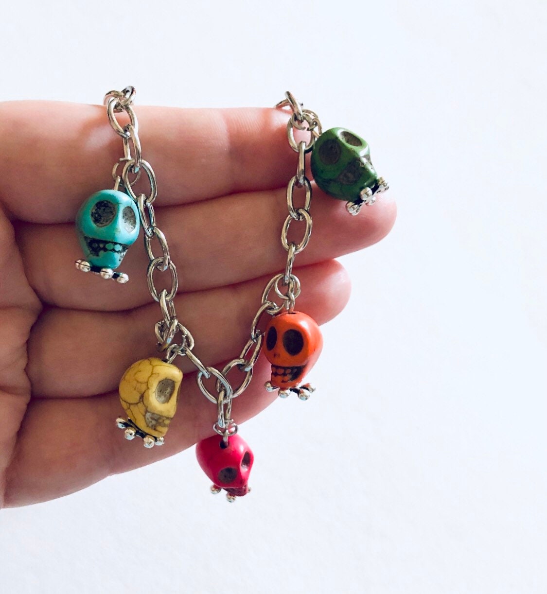 Multi Colored Skulls Dangle Necklace, Rainbow Sugar Skulls Silver Chain, Day of the Dead, Goth