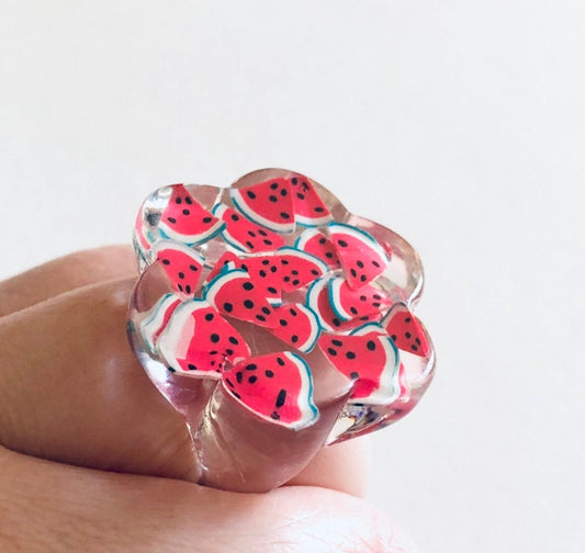 Watermelon Ring, Clear Flower Shaped Resin Ring, Polymer Clay Vegan Fruit