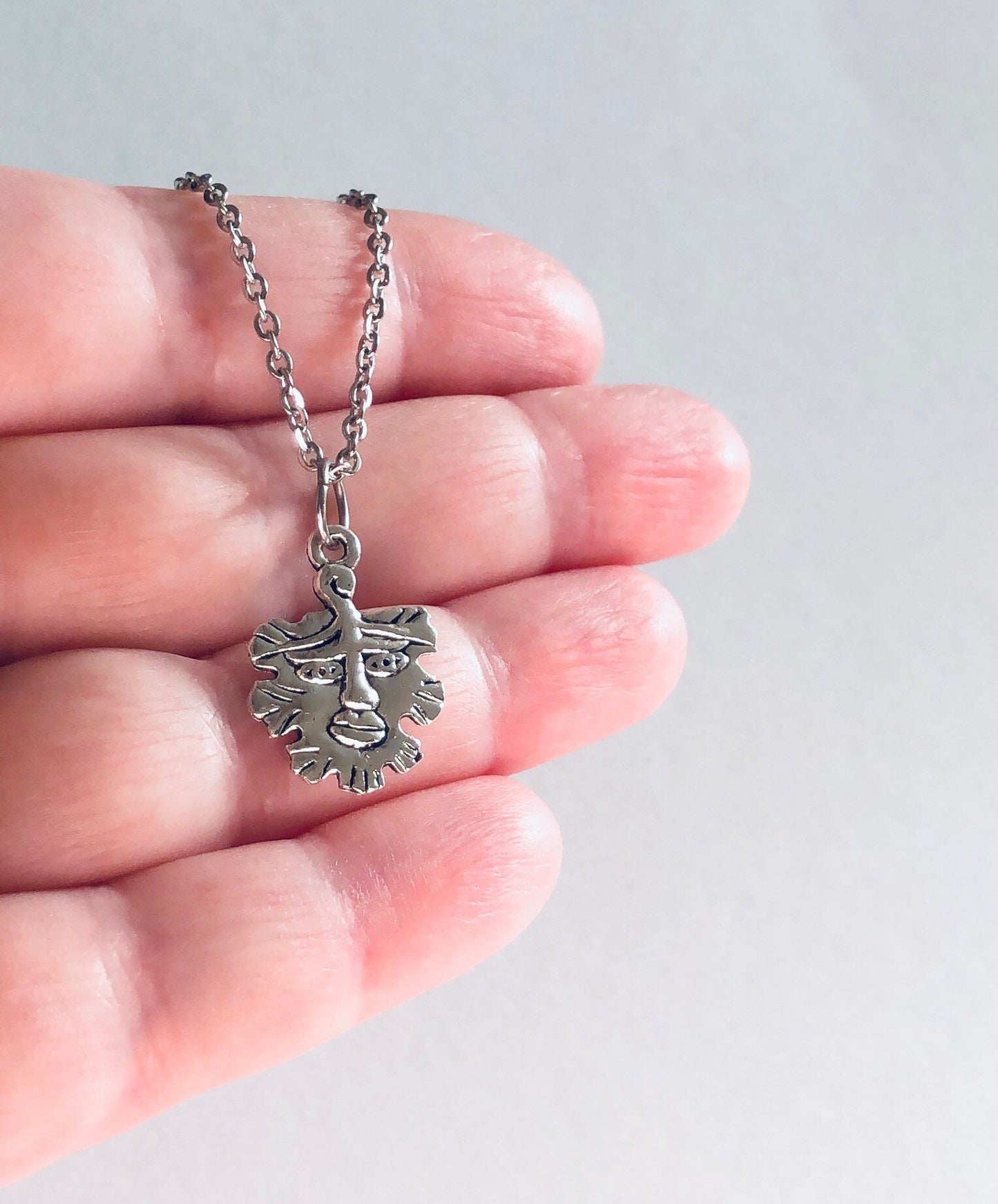 Face Leaf Necklace, Silver Green Man Necklace, Wicca Wiccan Witchy Woman Pagan Witch, Nature Leaves