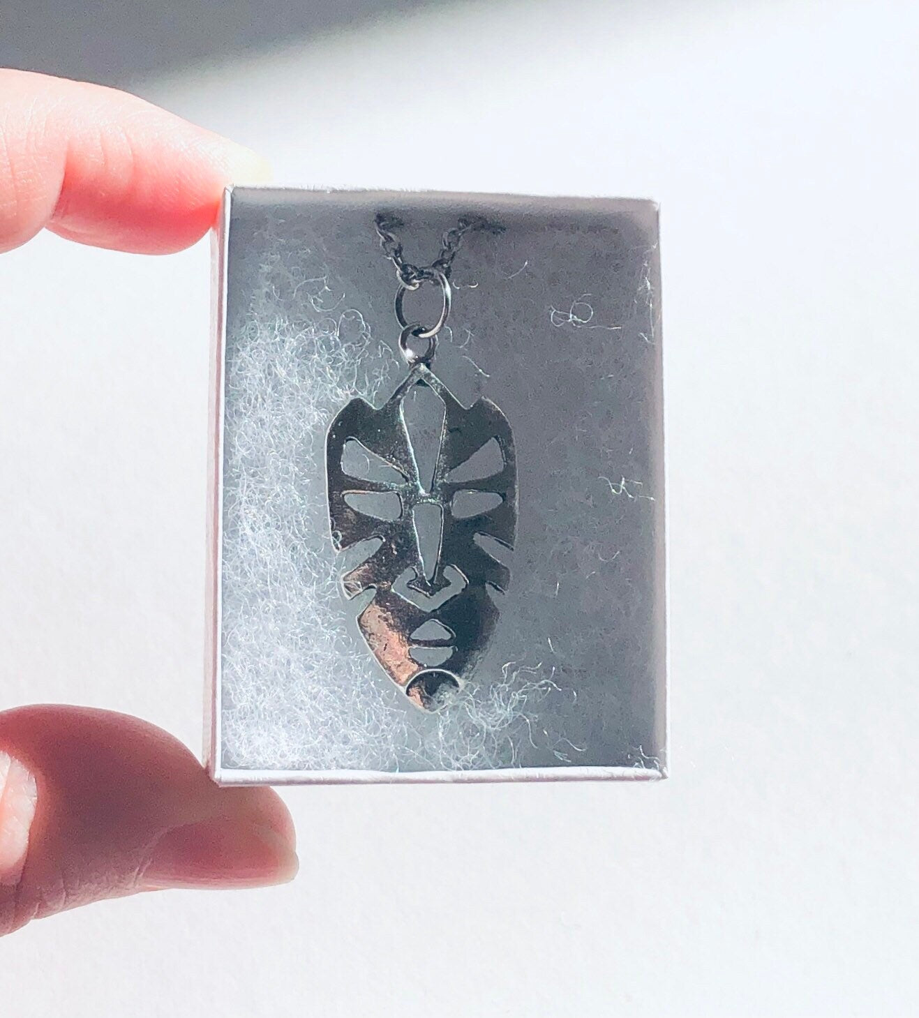 Mask Necklace, Silver African Mask Necklace, Leaf Necklace, Boho Nature