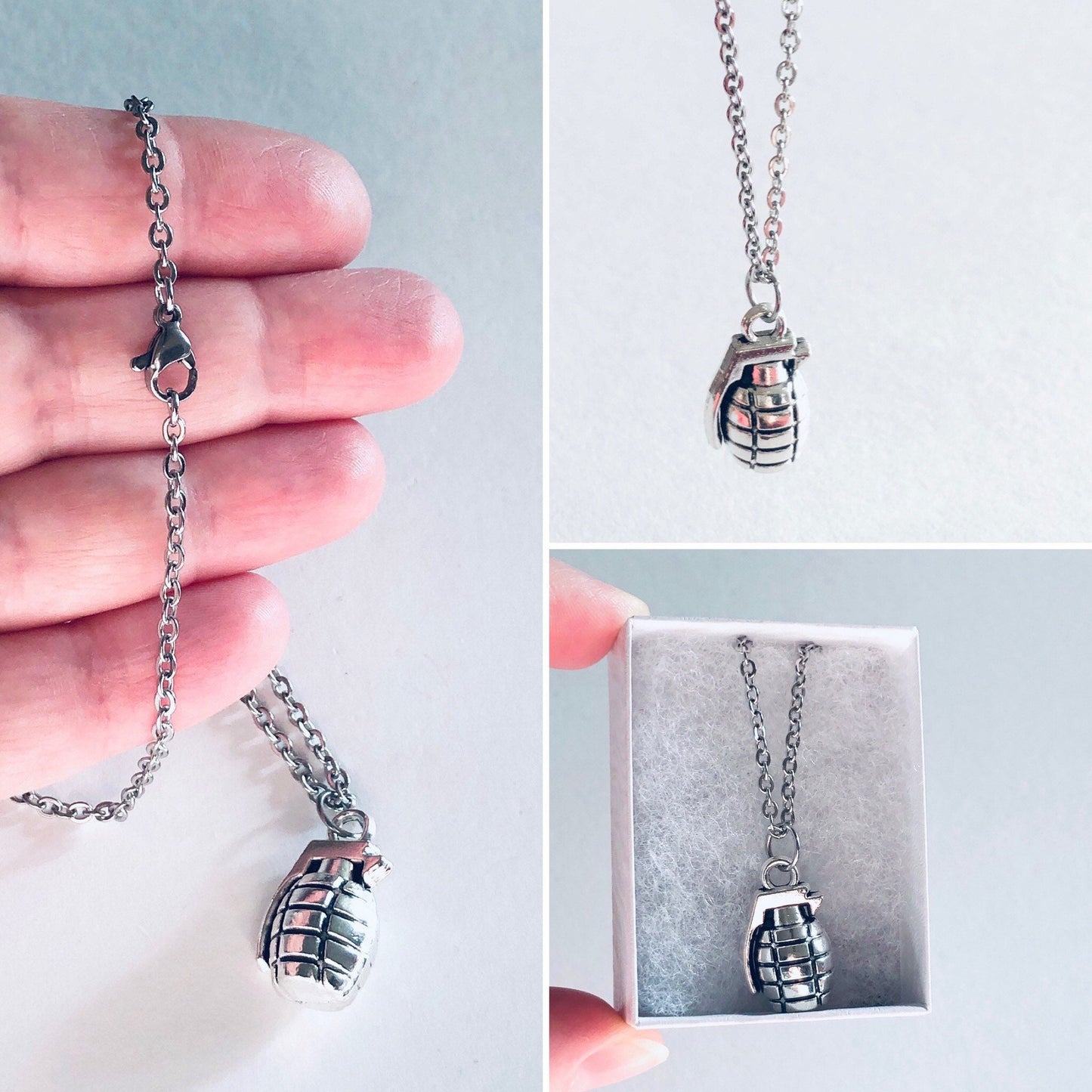 Grenade Necklace, Tha Bomb Necklace, Stainless Steel Chain