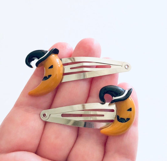 Crescent Moon Hair Clips, Pumpkin with Witches Hat on, Halloween Witchy Aesthetic