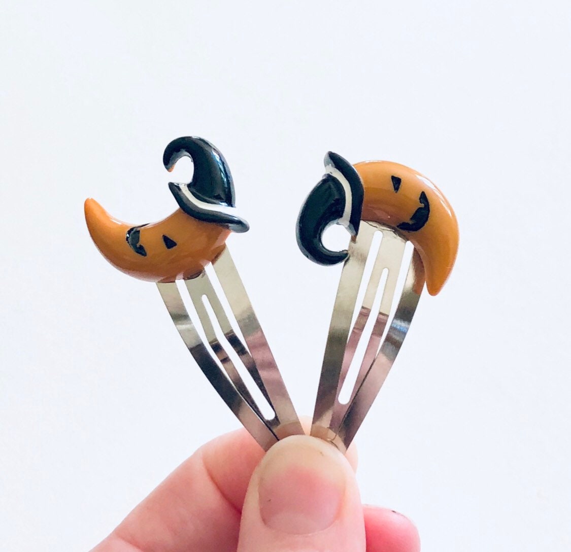 Crescent Moon Hair Clips, Pumpkin with Witches Hat on, Halloween Witchy Aesthetic