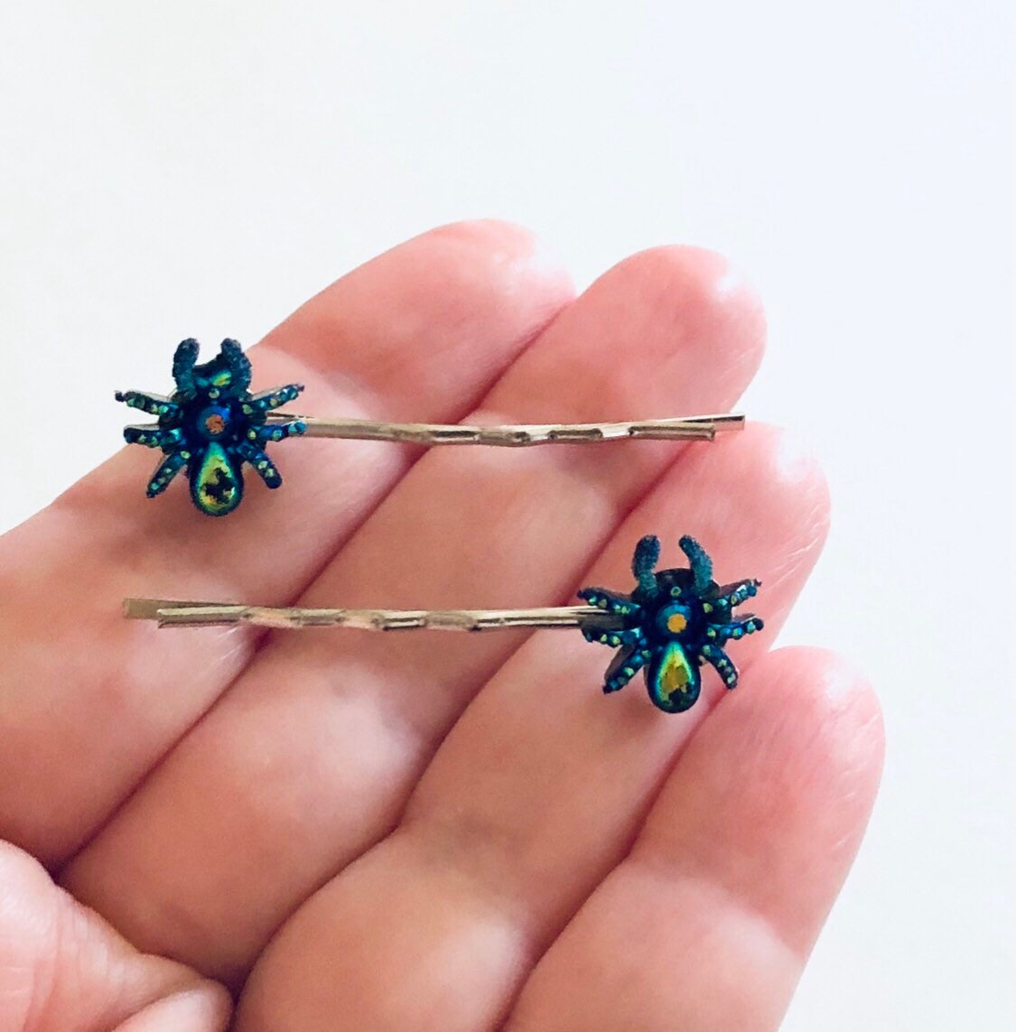 Spider Bobby Pins Hair Clips, Glitter Blue Spider Hair Clips, Hair accessories Goth Gothic