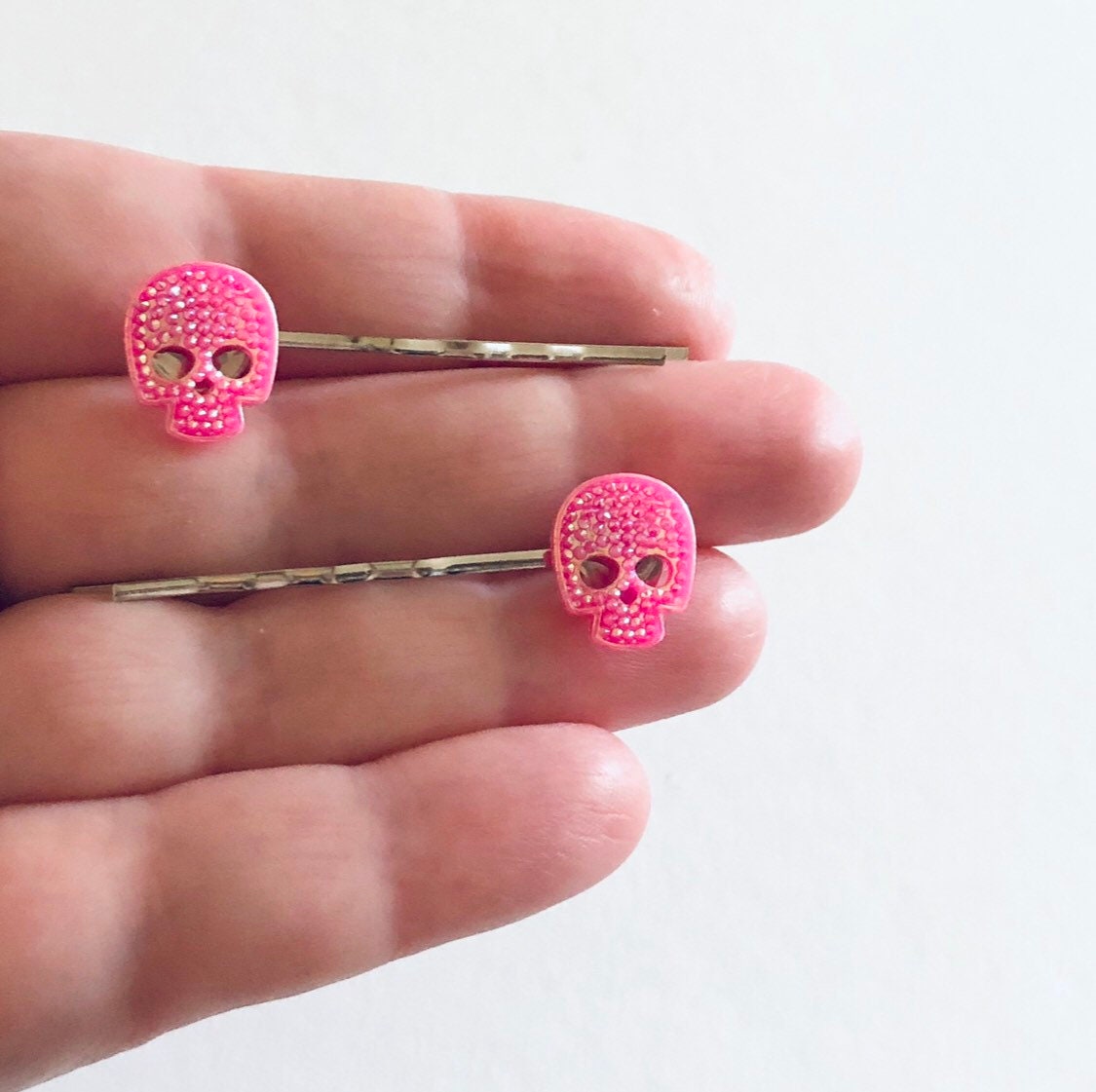 Pink Skulls Bobby Pins, Skeleton Skull Hair Clips Goth Gothic