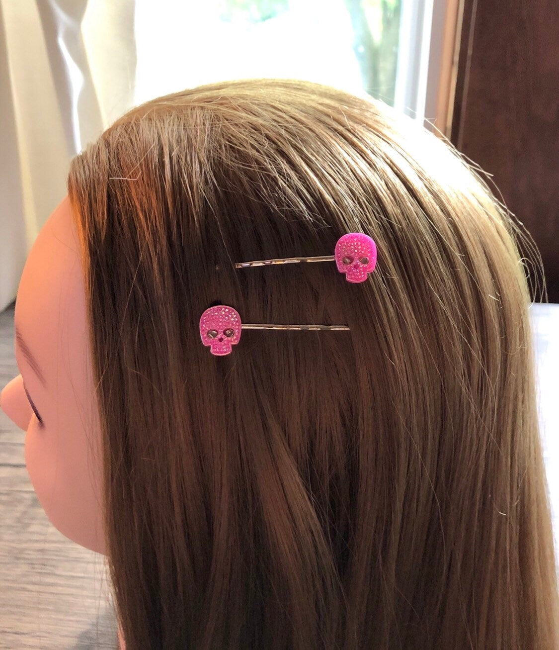 Pink Skulls Bobby Pins, Skeleton Skull Hair Clips Goth Gothic