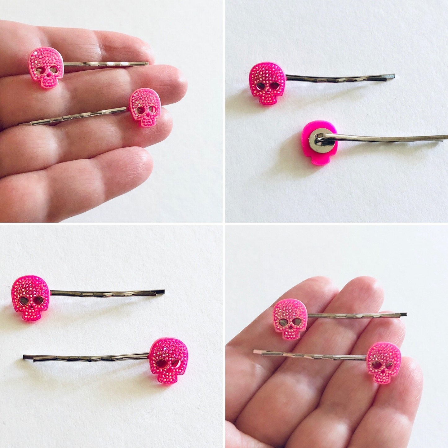 Pink Skulls Bobby Pins, Skeleton Skull Hair Clips Goth Gothic