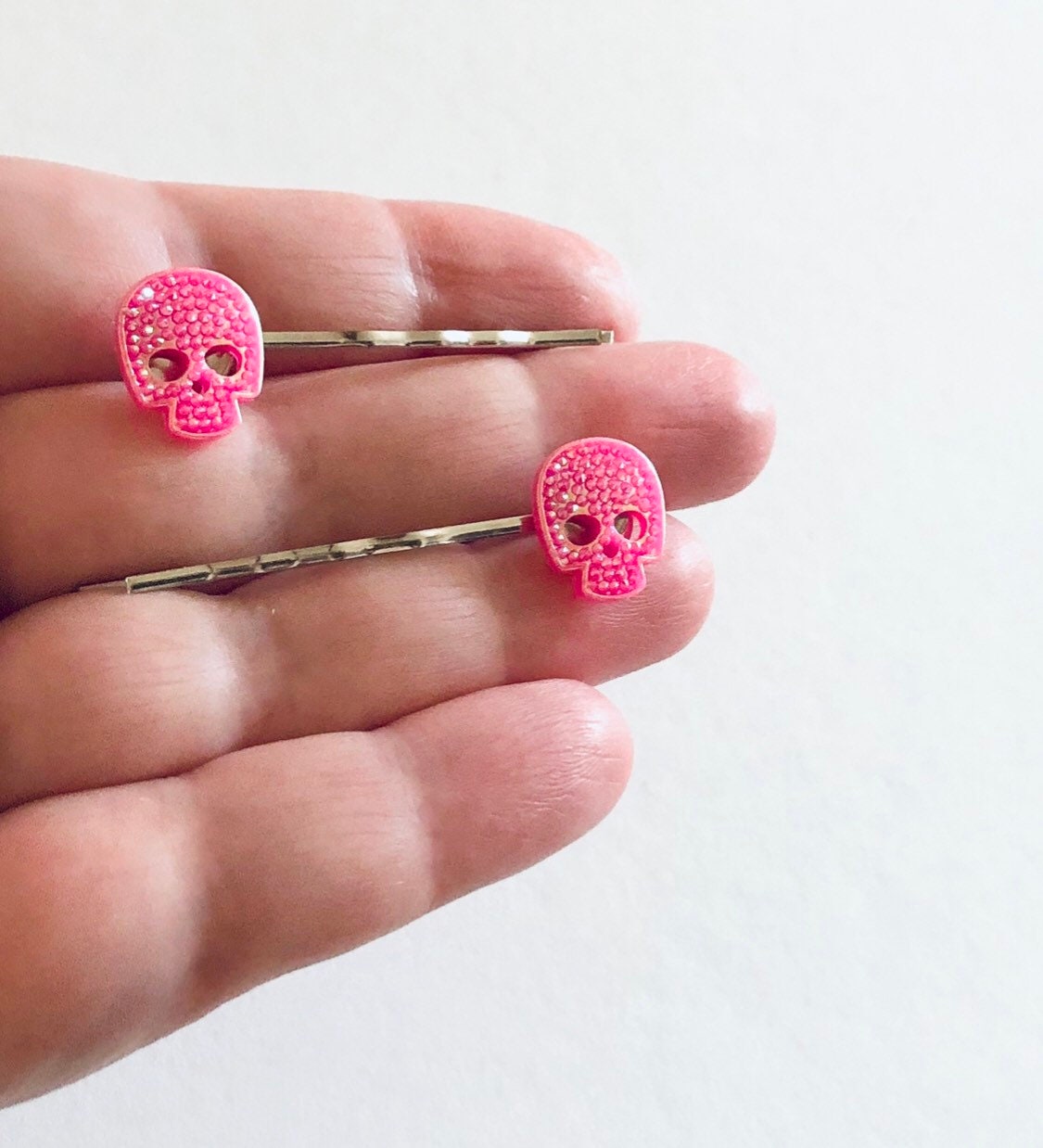 Pink Skulls Bobby Pins, Skeleton Skull Hair Clips Goth Gothic