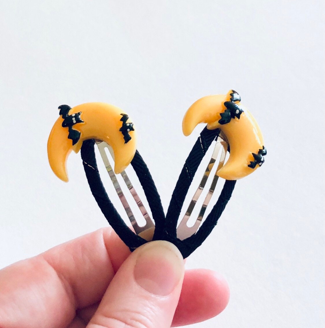 Yellow Crescent Moon with Bats Hair Clips, Bat Snap Clips Ribbon Wrapped