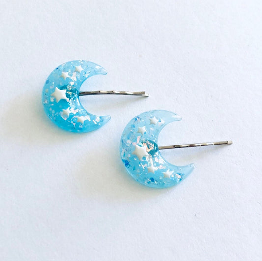 Light Blue Resin Crescent Moon Bobby Pins Hair Clips, Set of 2, Pastel Goth Witchy Moon Hair Clips