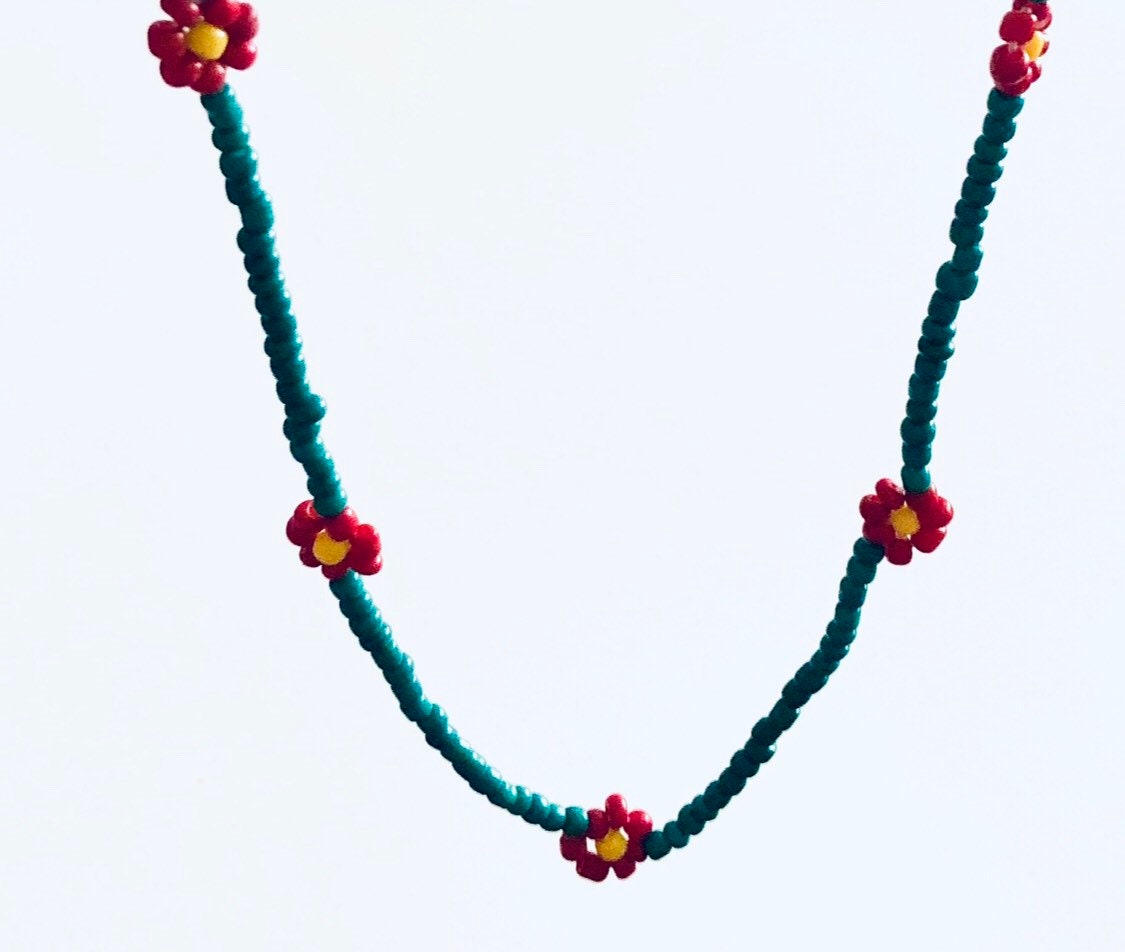 Flower Boho Beaded Necklace Forest Dark Green Beads & Red Flowers Floral